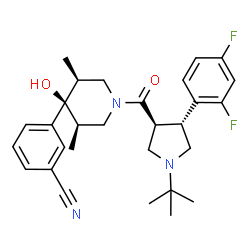 ChemSpider 2D Image | 3-[(3R,4R,5S)-1-{[(3S,4R)-4-(2,4-Difluorophenyl)-1-(2-methyl-2-propanyl)-3-pyrrolidinyl]carbonyl}-4-hydroxy-3,5-dimethyl-4-piperidinyl]benzonitrile | C29H35F2N3O2