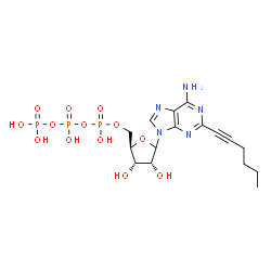 ChemSpider 2D Image | 2-(1-Hexyn-1-yl)-9-[5-O-(hydroxy{[hydroxy(phosphonooxy)phosphoryl]oxy}phosphoryl)-D-ribofuranosyl]-9H-purin-6-amine | C16H24N5O13P3