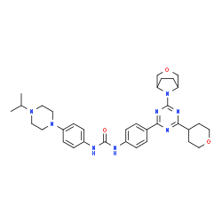 ChemSpider 2D Image | 1-[4-(4-Isopropyl-1-piperazinyl)phenyl]-3-{4-[4-(3-oxa-8-azabicyclo[3.2.1]oct-8-yl)-6-(tetrahydro-2H-pyran-4-yl)-1,3,5-triazin-2-yl]phenyl}urea | C34H44N8O3
