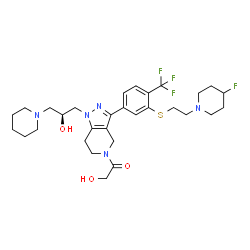 ChemSpider 2D Image | 1-{3-[3-{[2-(4-Fluoro-1-piperidinyl)ethyl]sulfanyl}-4-(trifluoromethyl)phenyl]-1-[(2S)-2-hydroxy-3-(1-piperidinyl)propyl]-1,4,6,7-tetrahydro-5H-pyrazolo[4,3-c]pyridin-5-yl}-2-hydroxyethanone | C30H41F4N5O3S