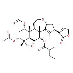 ChemSpider 2D Image | (2R,3aS,6aR,6bR,7S,9R,9aR,11aR,11bR,12S,12aR)-7,9-Diacetoxy-1,6b,9a,12a-tetramethyl-2-(2-oxo-2,5-dihydro-3-furanyl)-3,3a,6,6a,6b,7,8,9,9a,10,11a,11b,12,12a-tetradecahydro-2H,5H-cyclopenta[b]furo[2',3'
,4':4,5]naphtho[2,1-d]oxepin-12-yl (2E)-2-methyl-2-butenoate | C35H46O10
