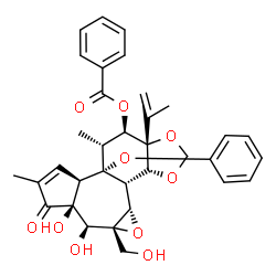 ChemSpider 2D Image | (3aR,3bS,3cS,4aR,5S,5aS,8aR,8bR,9R,10R,10aR)-5,5a-Dihydroxy-4a-(hydroxymethyl)-10a-isopropenyl-7,9-dimethyl-6-oxo-8b-phenoxy-3a,3b,3c,4a,5,5a,6,8a,8b,9,10,10a-dodecahydrooxireno[6,7]azuleno[5,4-e][1,3
]benzodioxol-10-yl benzoate | C34H36O10