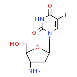 ChemSpider 2D Image | 1-(3-Amino-2,3-dideoxypentofuranosyl)-5-iodo-2,4(1H,3H)-pyrimidinedione | C9H12IN3O4