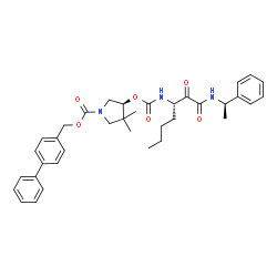 ChemSpider 2D Image | 4-Biphenylylmethyl (4S)-4-({[(3S)-1,2-dioxo-1-{[(1R)-1-phenylethyl]amino}-3-heptanyl]carbamoyl}oxy)-3,3-dimethyl-1-pyrrolidinecarboxylate | C36H43N3O6