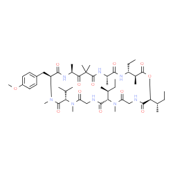 ChemSpider 2D Image | (2S,8S,14S,17S,20S,25S,28R,29S)-2,8-Di[(2S)-2-butanyl]-28-ethyl-14-isopropyl-17-(4-methoxybenzyl)-7,13,16,20,22,22,25,29-octamethyl-1-oxa-4,7,10,13,16,19,24,27-octaazacyclotriacontane-3,6,9,12,15,18,2
1,23,26,30-decone | C50H80N8O12