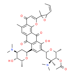 ChemSpider 2D Image | (2R,3R,4S,6R)-4-(Dimethylamino)-6-(8-[(2S,4S,5R,6R)-4-(dimethylamino)-5-hydroxy-6-methyltetrahydro-2H-pyran-2-yl]-11-hydroxy-5-methyl-2-{2-methyl-3-[(1Z)-1-propen-1-yl]-2-oxiranyl}-4,7,12-trioxo-7,12-
dihydro-4H-naphtho[2,3-h]chromen-10-yl)-2,4-dimethyltetrahydro-2H-pyran-3-yl acetate | C43H52N2O11