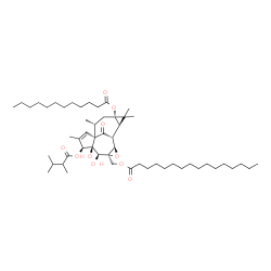 ChemSpider 2D Image | [(1S,4S,5S,6S,7S,9R,10R,11R,13S,15R)-4-[(2,3-Dimethylbutanoyl)oxy]-13-(dodecanoyloxy)-5,6-dihydroxy-3,12,12,15-tetramethyl-16-oxo-8-oxapentacyclo[8.5.1.0~1,5~.0~7,9~.0~11,13~]hexadec-2-en-7-yl]methyl 
palmitate | C54H90O10