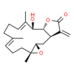 ChemSpider 2D Image | (1aR,8E,10S,10aR,13aR,14aS)-10-Hydroxy-1a,5,9-trimethyl-13-methylene-2,3,6,7,10,10a,13,13a,14,14a-decahydrooxireno[4,5]cyclotetradeca[1,2-b]furan-12(1aH)-one | C20H28O4