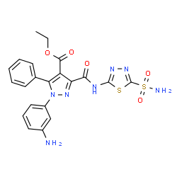 ChemSpider 2D Image | Ethyl 1-(3-aminophenyl)-5-phenyl-3-[(5-sulfamoyl-1,3,4-thiadiazol-2-yl)carbamoyl]-1H-pyrazole-4-carboxylate | C21H19N7O5S2