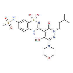 ChemSpider 2D Image | N-{3-[5-Hydroxy-2-(3-methylbutyl)-6-(4-morpholinyl)-3-oxo-2,3-dihydro-4-pyridazinyl]-1,1-dioxido-2H-1,2,4-benzothiadiazin-7-yl}methanesulfonamide | C21H28N6O7S2