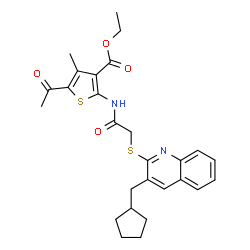 ChemSpider 2D Image | Ethyl 5-acetyl-2-[({[3-(cyclopentylmethyl)-2-quinolinyl]sulfanyl}acetyl)amino]-4-methyl-3-thiophenecarboxylate | C27H30N2O4S2