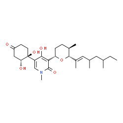 ChemSpider 2D Image | 5-[(1S,2R)-1,2-Dihydroxy-4-oxocyclohexyl]-3-{(2S,5R,6R)-6-[(2E)-4,6-dimethyl-2-octen-2-yl]-5-methyltetrahydro-2H-pyran-2-yl}-4-hydroxy-1-methyl-2(1H)-pyridinone | C28H43NO6