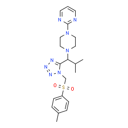 ChemSpider 2D Image | 2-{4-[2-Methyl-1-(1-{[(4-methylphenyl)sulfonyl]methyl}-1H-tetrazol-5-yl)propyl]-1-piperazinyl}pyrimidine | C21H28N8O2S