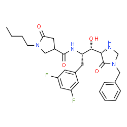 ChemSpider 2D Image | N-[(1S,2S)-1-[(4S)-1-Benzyl-5-oxo-4-imidazolidinyl]-3-(3,5-difluorophenyl)-1-hydroxy-2-propanyl]-1-butyl-5-oxo-3-pyrrolidinecarboxamide | C28H34F2N4O4