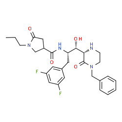 ChemSpider 2D Image | N-[(1S,2S)-1-[(2S)-4-Benzyl-3-oxo-2-piperazinyl]-3-(3,5-difluorophenyl)-1-hydroxy-2-propanyl]-5-oxo-1-propyl-3-pyrrolidinecarboxamide | C28H34F2N4O4