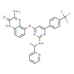 ChemSpider 2D Image | 3-Amino-5-[(2-{[1-(2-pyridinyl)ethyl]amino}-6-[4-(trifluoromethyl)phenyl]-4-pyrimidinyl)oxy]-2(1H)-quinoxalinone | C26H20F3N7O2