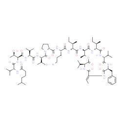 ChemSpider 2D Image | N-(5-Methylhexanoyl)-D-valyl-L-threonyl-L-valyl-D-valyl-D-prolyl-L-ornithyl-N-{(3S,6Z,9S,12R,15R,18R,19S)-9-benzyl-15-[(2R)-2-butanyl]-6-ethylidene-3,12-diisopropyl-19-methyl-2,5,8,11,14,17-hexaoxo-1-
oxa-4,7,10,13,16-pentaazacyclononadecan-18-yl}-D-isoleucinamide | C75H124N14O16