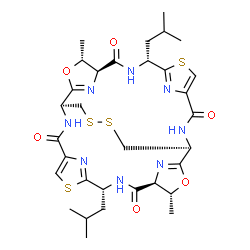 ChemSpider 2D Image | (1S,4R,5S,8R,15S,18R,19S,22R)-8,22-Diisobutyl-4,18-dimethyl-3,17-dioxa-10,24,30,31-tetrathia-7,14,21,28,33,34,35,36-octaazahexacyclo[13.13.4.1~2,5~.1~9,12~.1~16,19~.1~23,26~]hexatriaconta-2(36),9(35),
11,16(34),23(33),25-hexaene-6,13,20,27-tetrone | C32H42N8O6S4