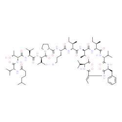 ChemSpider 2D Image | N-(5-Methylhexanoyl)-D-valyl-D-allothreonyl-L-valyl-D-valyl-D-prolyl-L-ornithyl-N-{(3S,6Z,9S,12R,15R,18R,19S)-9-benzyl-15-[(2R)-2-butanyl]-6-ethylidene-3,12-diisopropyl-19-methyl-2,5,8,11,14,17-hexaox
o-1-oxa-4,7,10,13,16-pentaazacyclononadecan-18-yl}-D-isoleucinamide | C75H124N14O16