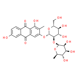 ChemSpider 2D Image | 4,7-Dihydroxy-3-methyl-9,10-dioxo-9,10-dihydro-2-anthracenyl 2-O-(6-deoxy-beta-D-mannopyranosyl)-beta-D-glucopyranoside | C27H30O14