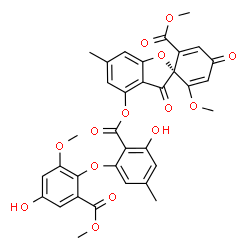 ChemSpider 2D Image | Methyl (2R)-4-({2-hydroxy-6-[4-hydroxy-2-methoxy-6-(methoxycarbonyl)phenoxy]-4-methylbenzoyl}oxy)-6'-methoxy-6-methyl-3,4'-dioxo-3H-spiro[1-benzofuran-2,1'-cyclohexa[2,5]diene]-2'-carboxylate | C34H28O14