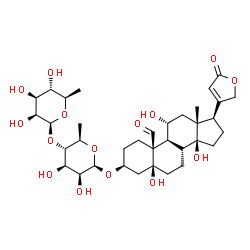 ChemSpider 2D Image | (3beta,5beta,11alpha)-3-{[6-Deoxy-4-O-(6-deoxy-beta-D-mannopyranosyl)-beta-D-mannopyranosyl]oxy}-5,11,14-trihydroxy-19-oxocard-20(22)-enolide | C35H52O15