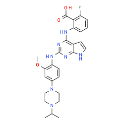 ChemSpider 2D Image | 2-Fluoro-6-[(2-{[4-(4-isopropyl-1-piperazinyl)-2-methoxyphenyl]amino}-1H-pyrrolo[2,3-d]pyrimidin-4-yl)amino]benzoic acid | C27H30FN7O3