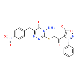 ChemSpider 2D Image | 4-({[4-Amino-6-(4-nitrobenzyl)-5-oxo-4,5-dihydro-1,2,4-triazin-3-yl]sulfanyl}acetyl)-3-phenyl-1,2,3-oxadiazol-3-ium-5-olate | C20H15N7O6S