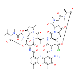 ChemSpider 2D Image | 2-Amino-N~1~-[(6S,9R,10S,13R,16S,18aS)-9-(chloromethyl)-13-isopropyl-2,5,6,16-tetramethyl-1,4,7,11,14,17-hexaoxohexadecahydro-1H-pyrrolo[2,1-i][1,4,7,10,13]oxatetraazacyclohexadecin-10-yl]-N~9~-[(6S,9
R,10S,13R,16S,18S,18aS)-18-hydroxy-6,13-diisopropyl-2,5,9,16-tetramethyl-1,4,7,11,14-pentaoxohexadecahydro-1H-pyrrolo[2,1-i][1,4,7,10,13]oxatetraazacyclohexadecin-10-yl]-4,6-dimethyl-3-oxo-3H-phenoxaz
ine-1,9-dicarboxamide | C62H83ClN12O18