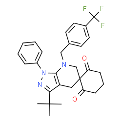 ChemSpider 2D Image | 3'-(2-Methyl-2-propanyl)-1'-phenyl-7'-[4-(trifluoromethyl)benzyl]-1',4',6',7'-tetrahydro-2H,6H-spiro[cyclohexane-1,5'-pyrazolo[3,4-b]pyridine]-2,6-dione | C29H30F3N3O2