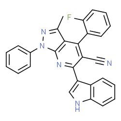 ChemSpider 2D Image | 4-(2-Fluorophenyl)-6-(1H-indol-3-yl)-3-methyl-1-phenyl-1H-pyrazolo[3,4-b]pyridine-5-carbonitrile | C28H18FN5