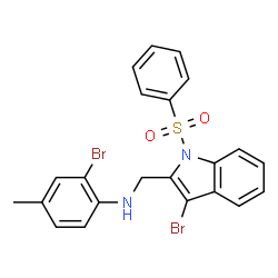ChemSpider 2D Image | 2-Bromo-N-{[3-bromo-1-(phenylsulfonyl)-1H-indol-2-yl]methyl}-4-methylaniline | C22H18Br2N2O2S