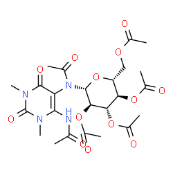 ChemSpider 2D Image | N-(6-Acetamido-1,3-dimethyl-2,4-dioxo-1,2,3,4-tetrahydro-5-pyrimidinyl)-N-acetyl-2,3,4,6-tetra-O-acetyl-beta-D-glucopyranosylamine | C24H32N4O13