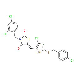 ChemSpider 2D Image | (5Z)-5-({4-Chloro-2-[(4-chlorobenzyl)sulfanyl]-1,3-thiazol-5-yl}methylene)-3-(2,4-dichlorobenzyl)-1,3-thiazolidine-2,4-dione | C21H12Cl4N2O2S3