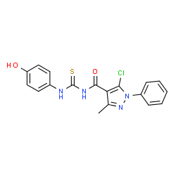 ChemSpider 2D Image | 5-Chloro-N-[(4-hydroxyphenyl)carbamothioyl]-3-methyl-1-phenyl-1H-pyrazole-4-carboxamide | C18H15ClN4O2S