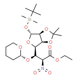 ChemSpider 2D Image | Ethyl (2S)-3-[(3aS,4R,6R,6aS)-6-{[dimethyl(2-methyl-2-propanyl)silyl]oxy}-2,2-dimethyltetrahydrofuro[3,4-d][1,3]dioxol-4-yl]-2-nitro-3-[(2R)-tetrahydro-2H-pyran-2-yloxy]propanoate | C23H41NO10Si