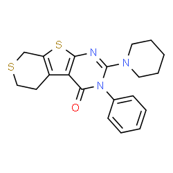 ChemSpider 2D Image | 3-Phenyl-2-(1-piperidinyl)-3,5,6,8-tetrahydro-4H-thiopyrano[4',3':4,5]thieno[2,3-d]pyrimidin-4-one | C20H21N3OS2