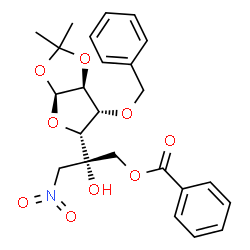 ChemSpider 2D Image | 5-C-[(Benzoyloxy)methyl]-3-O-benzyl-6-deoxy-1,2-O-isopropylidene-6-nitro-alpha-L-xylo-hexofuranose | C24H27NO9