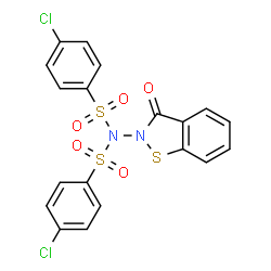 ChemSpider 2D Image | 4-Chloro-N-[(4-chlorophenyl)sulfonyl]-N-(3-oxo-1,2-benzothiazol-2(3H)-yl)benzenesulfonamide | C19H12Cl2N2O5S3