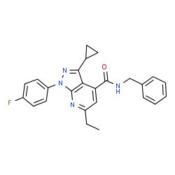 ChemSpider 2D Image | N-Benzyl-3-cyclopropyl-6-ethyl-1-(4-fluorophenyl)-1H-pyrazolo[3,4-b]pyridine-4-carboxamide | C25H23FN4O