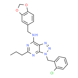 ChemSpider 2D Image | N-(1,3-Benzodioxol-5-ylmethyl)-3-(2-chlorobenzyl)-5-propyl-3H-[1,2,3]triazolo[4,5-d]pyrimidin-7-amine | C22H21ClN6O2