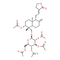 ChemSpider 2D Image | (1R,2R,4aS,5R)-1,4a-Dimethyl-6-methylene-5-[(2E)-2-(2-oxodihydro-3(2H)-furanylidene)ethyl]-1-{[(2,3,4,6-tetra-O-acetyl-beta-D-glucopyranosyl)oxy]methyl}decahydro-2-naphthalenyl acetate | C36H50O14