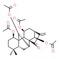 ChemSpider 2D Image | (1beta,5beta,7beta,8alpha,9xi,10alpha,11beta,13alpha,14R)-15-Oxo-7,20-cyclokaur-16-ene-1,11,14,20-tetrayl tetraacetate | C28H36O9
