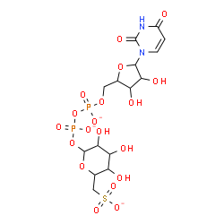 ChemSpider 2D Image | [6-({[({[5-(2,4-Dioxo-3,4-dihydro-1(2H)-pyrimidinyl)-3,4-dihydroxytetrahydro-2-furanyl]methoxy}phosphinato)oxy]phosphinato}oxy)-3,4,5-trihydroxytetrahydro-2H-pyran-2-yl]methanesulfonate (non-preferred
 name) | C15H21N2O19P2S