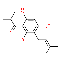 ChemSpider 2D Image | 3,5-Dihydroxy-4-isobutyryl-2-(3-methyl-2-buten-1-yl)phenolate | C15H19O4