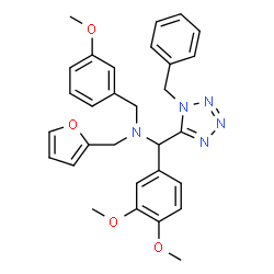 ChemSpider 2D Image | 1-(1-Benzyl-1H-tetrazol-5-yl)-1-(3,4-dimethoxyphenyl)-N-(2-furylmethyl)-N-(3-methoxybenzyl)methanamine | C30H31N5O4