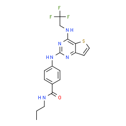 ChemSpider 2D Image | N-Propyl-4-({4-[(2,2,2-trifluoroethyl)amino]thieno[3,2-d]pyrimidin-2-yl}amino)benzamide | C18H18F3N5OS
