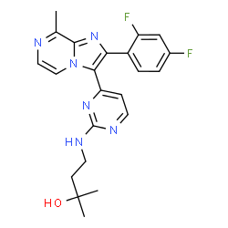 ChemSpider 2D Image | 4-({4-[2-(2,4-Difluorophenyl)-8-methylimidazo[1,2-a]pyrazin-3-yl]-2-pyrimidinyl}amino)-2-methyl-2-butanol | C22H22F2N6O