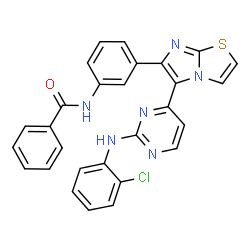 ChemSpider 2D Image | N-[3-(5-{2-[(2-Chlorophenyl)amino]-4-pyrimidinyl}imidazo[2,1-b][1,3]thiazol-6-yl)phenyl]benzamide | C28H19ClN6OS