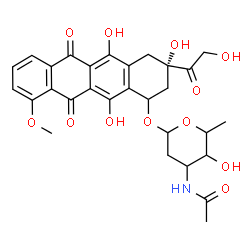 ChemSpider 2D Image | (3S)-3-Glycoloyl-3,5,12-trihydroxy-10-methoxy-6,11-dioxo-1,2,3,4,6,11-hexahydro-1-tetracenyl 3-acetamido-2,3,6-trideoxyhexopyranoside | C29H31NO12